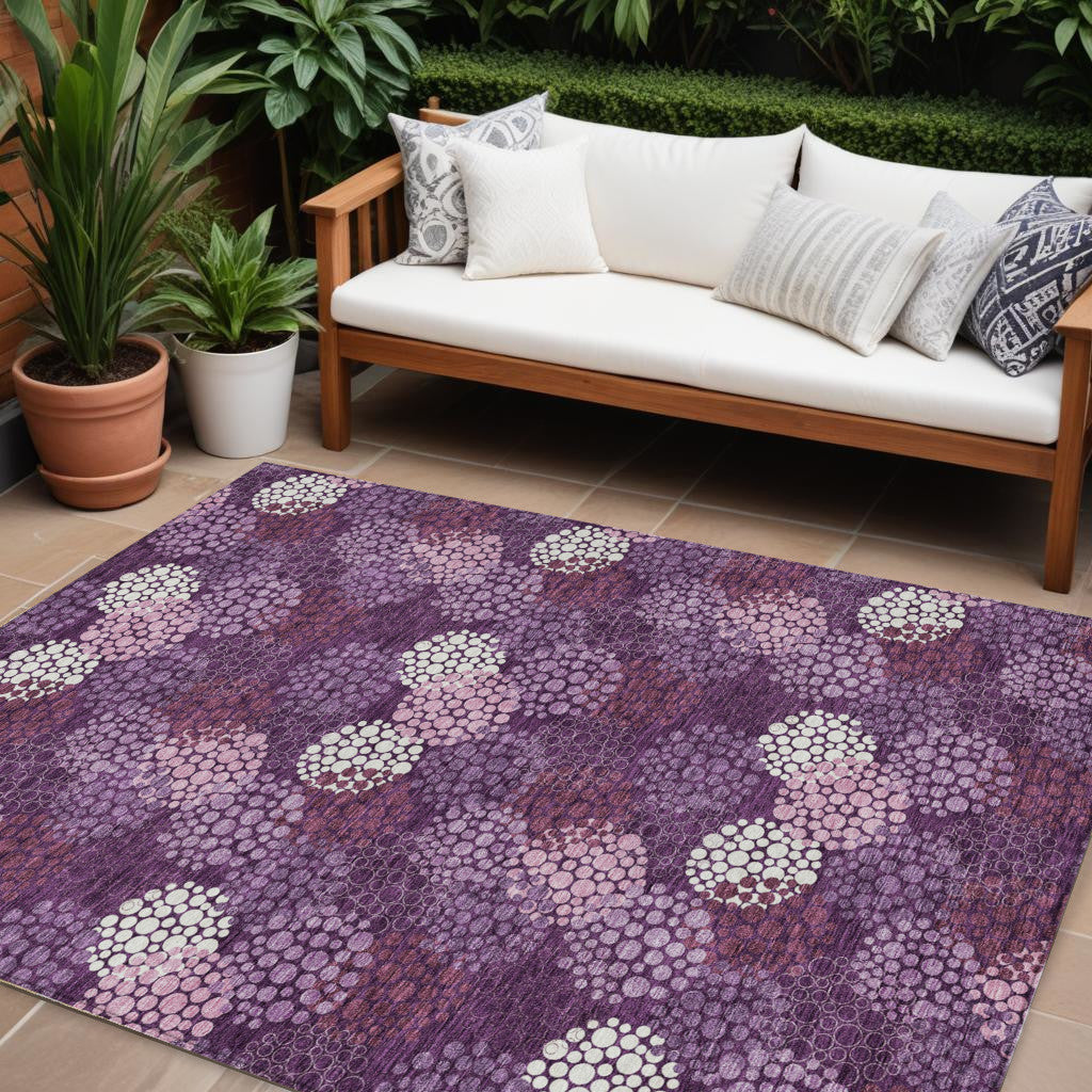 10' X 14' Eggplant Lavender And Ivory Polka Dot Washable Indoor Outdoor Area Rug