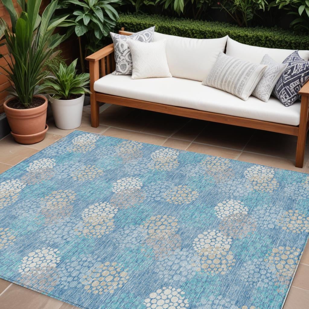 10' X 14' Sky Blue Gray And Ivory Polka Dot Washable Indoor Outdoor Area Rug