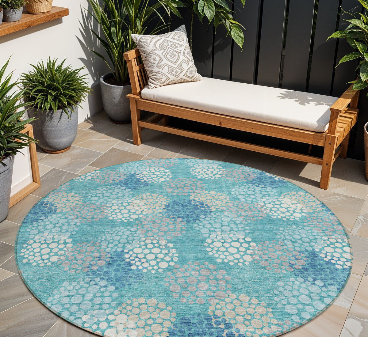 8' Teal Blue Gray And Ivory Round Polka Dot Washable Indoor Outdoor Area Rug