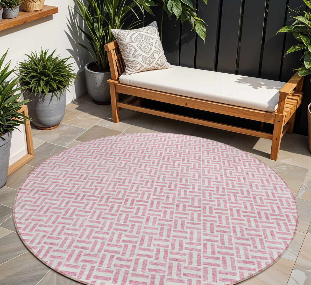 8' Pink And Silver Round Geometric Washable Indoor Outdoor Area Rug