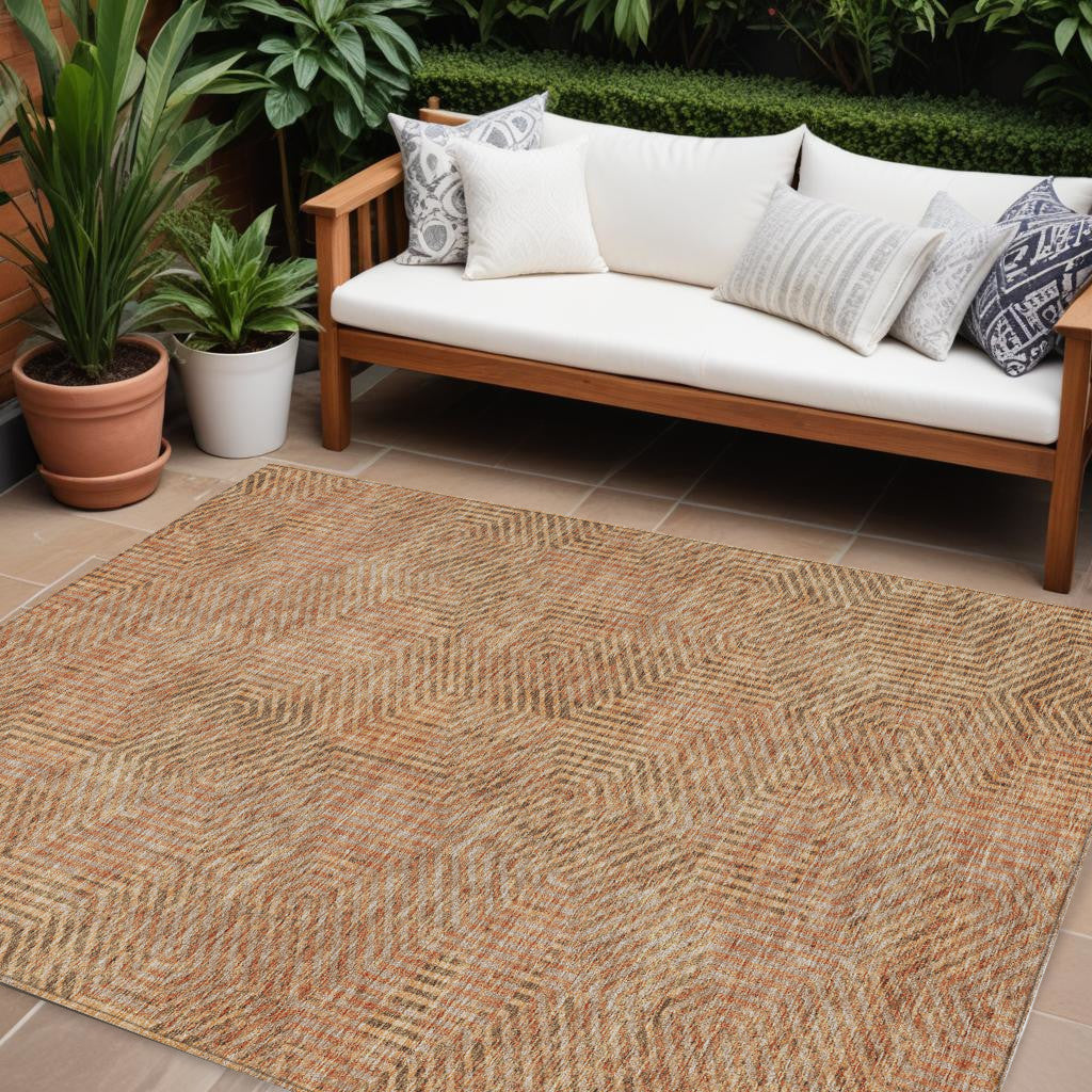 10' X 14' Copper Brown And Beige Geometric Washable Indoor Outdoor Area Rug