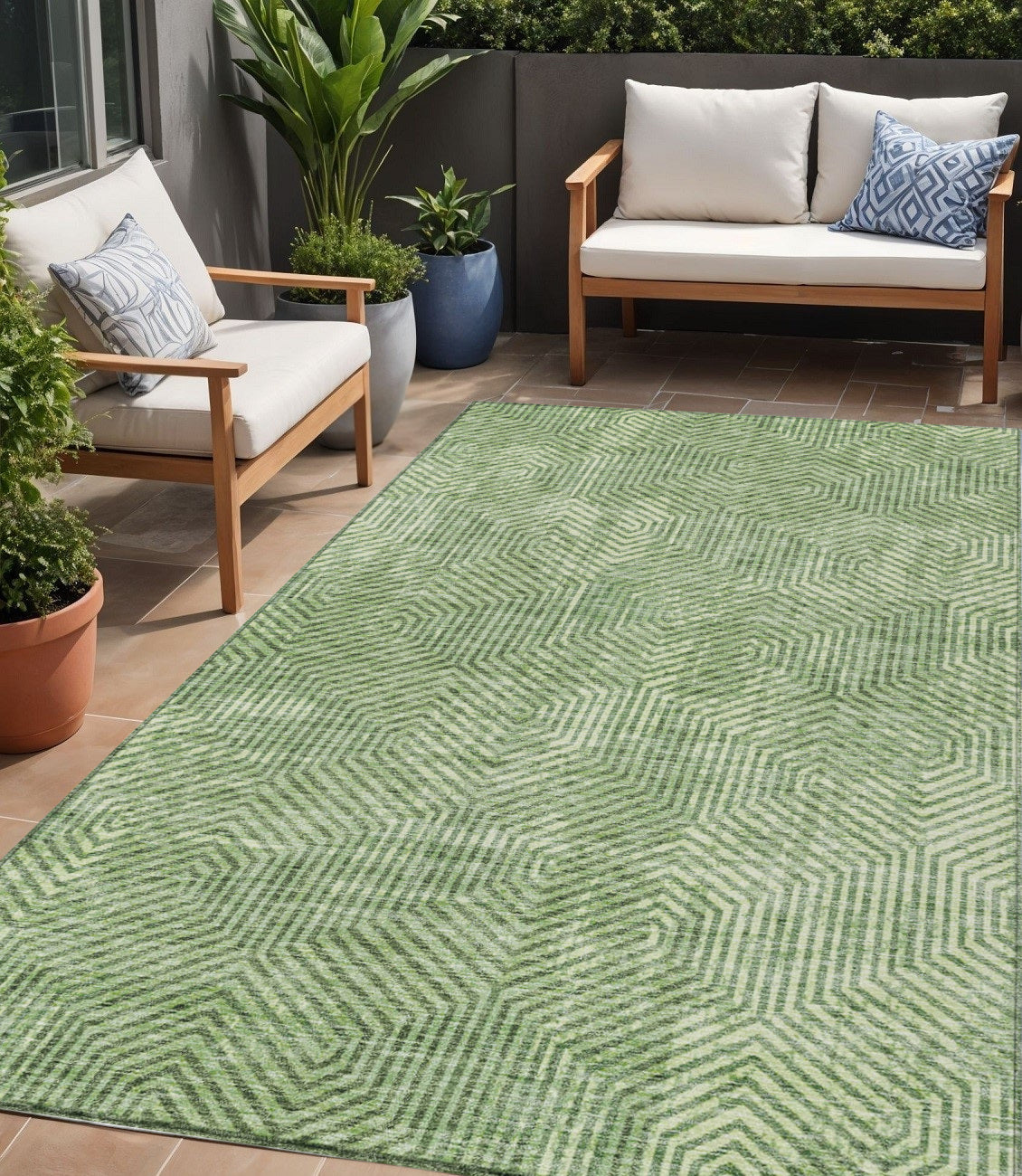 5' X 8' Green And Light Green Geometric Washable Indoor Outdoor Area Rug
