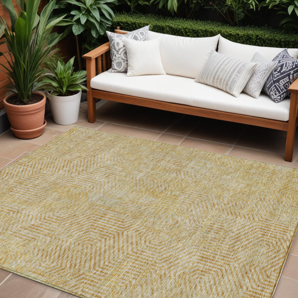 8' X 10' Gold And Beige Geometric Washable Indoor Outdoor Area Rug