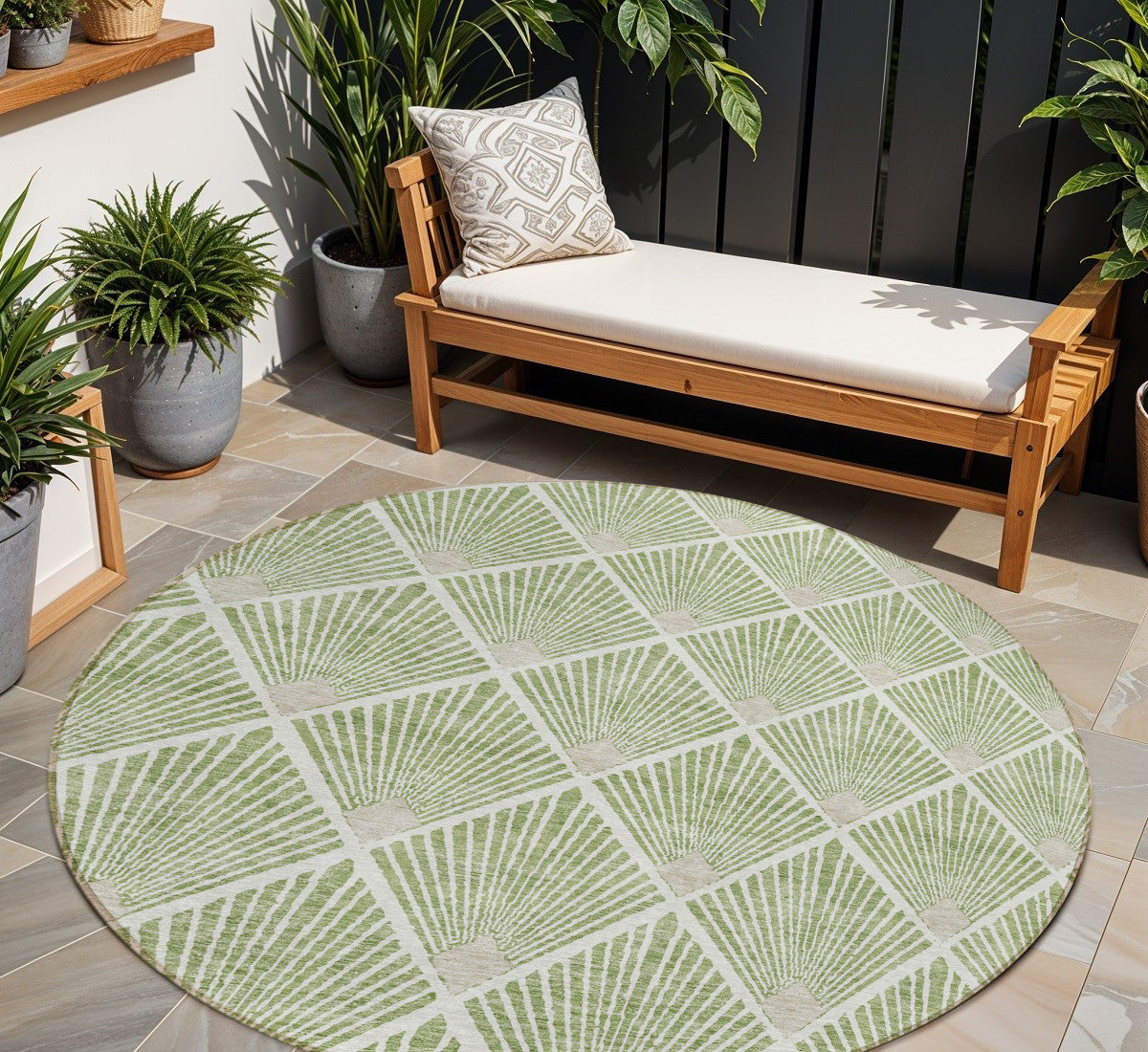 8' Green Beige And Ivory Round Geometric Washable Indoor Outdoor Area Rug