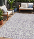5' X 8' Lavender And Ivory Damask Washable Indoor Outdoor Area Rug