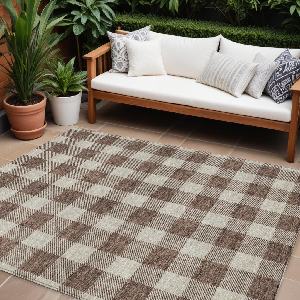9' X 12' Brown And Beige Plaid Washable Indoor Outdoor Area Rug