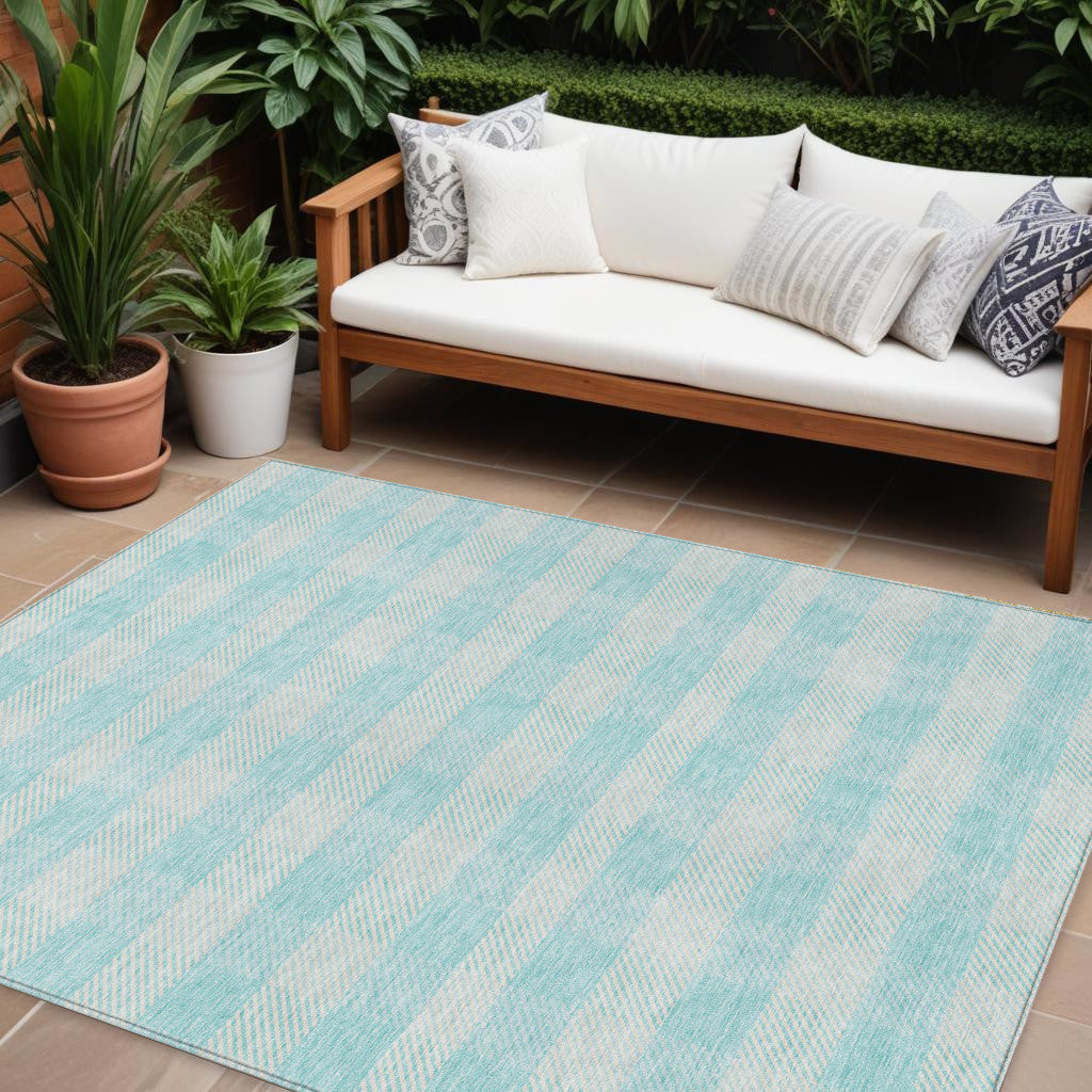 8' X 10' Aqua And Ivory Plaid Washable Indoor Outdoor Area Rug