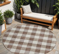 8' Brown And Beige Round Plaid Washable Indoor Outdoor Area Rug