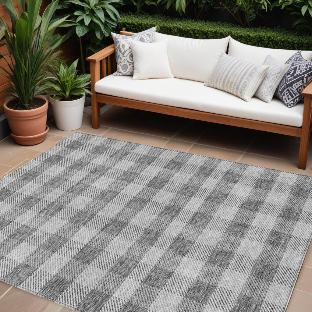 9' X 12' Gray And Charcoal Plaid Washable Indoor Outdoor Area Rug
