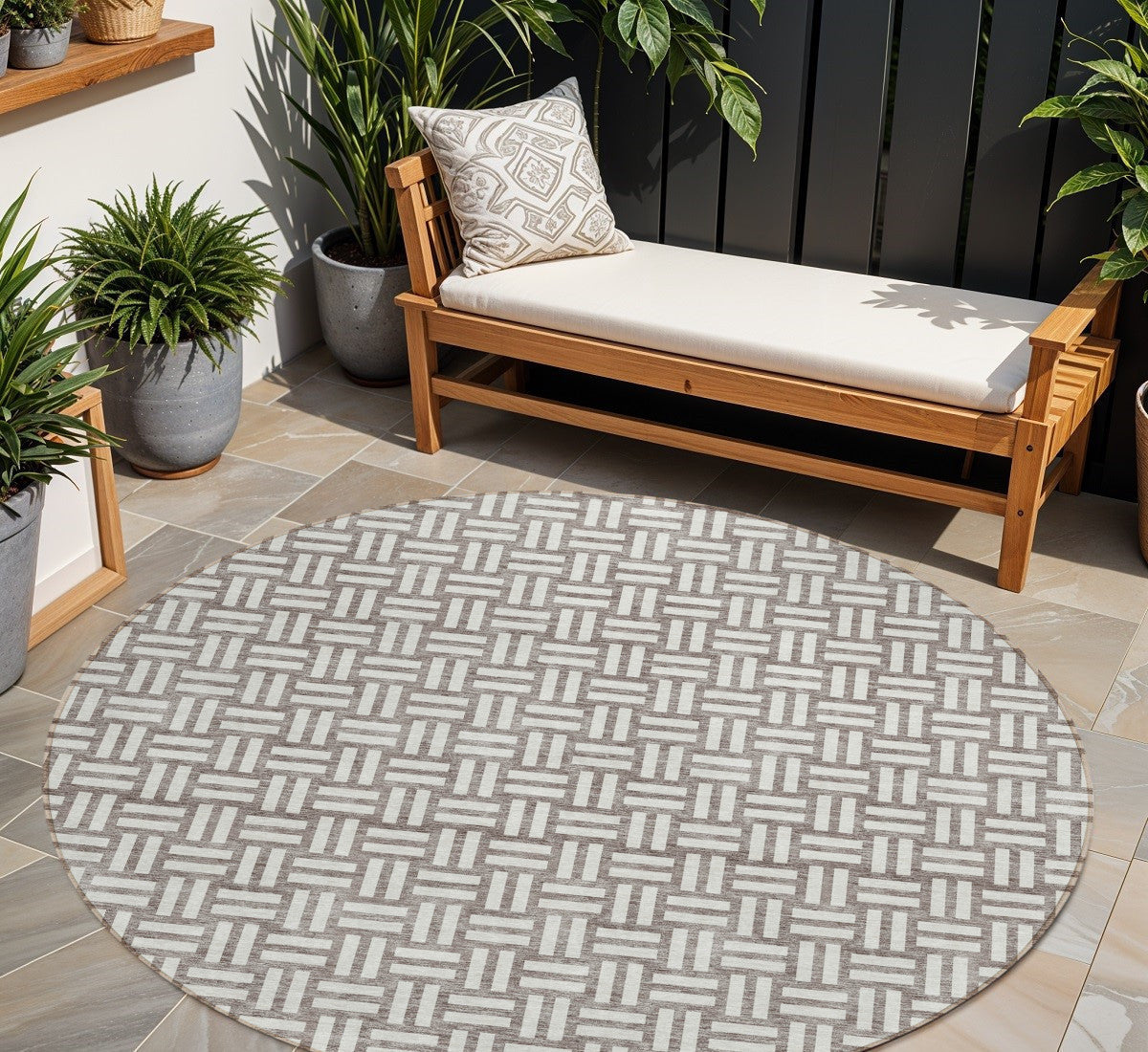 8' Taupe And Gray Round Geometric Washable Indoor Outdoor Area Rug