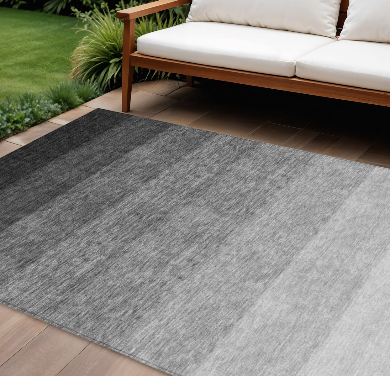 9' X 12' Black And Ivory Ombre Washable Indoor Outdoor Area Rug
