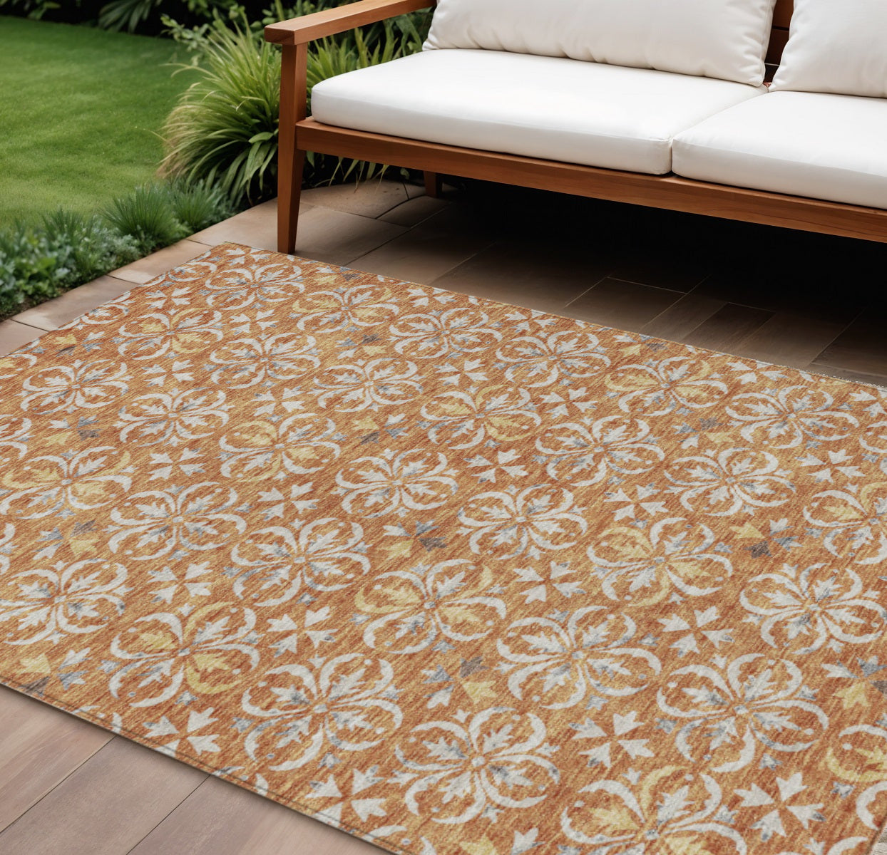 10' X 14' Copper Gray And Beige Floral Washable Indoor Outdoor Area Rug