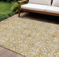 10' X 14' Gold Gray And Beige Floral Washable Indoor Outdoor Area Rug
