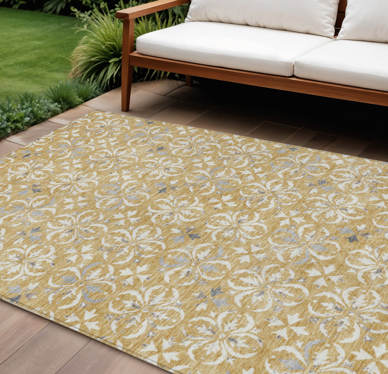 10' X 14' Gold Gray And Beige Floral Washable Indoor Outdoor Area Rug