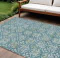 9' X 12' Teal Blue Gray And Gold Floral Washable Indoor Outdoor Area Rug