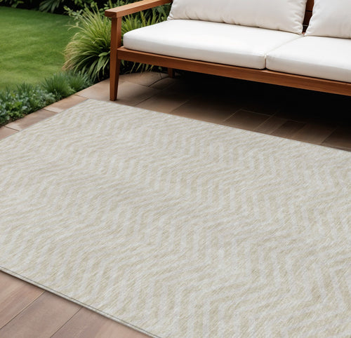 10' X 14' Beige And Gray Chevron Washable Indoor Outdoor Area Rug