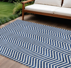9' X 12' Blue And Ivory Chevron Washable Indoor Outdoor Area Rug