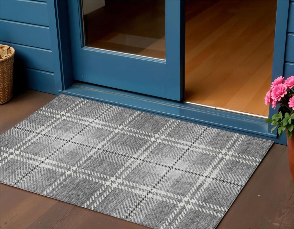 3' X 5' Gray Black And Ivory Plaid Washable Indoor Outdoor Area Rug
