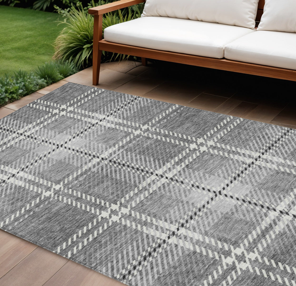 8' X 10' Gray Black And Ivory Plaid Washable Indoor Outdoor Area Rug