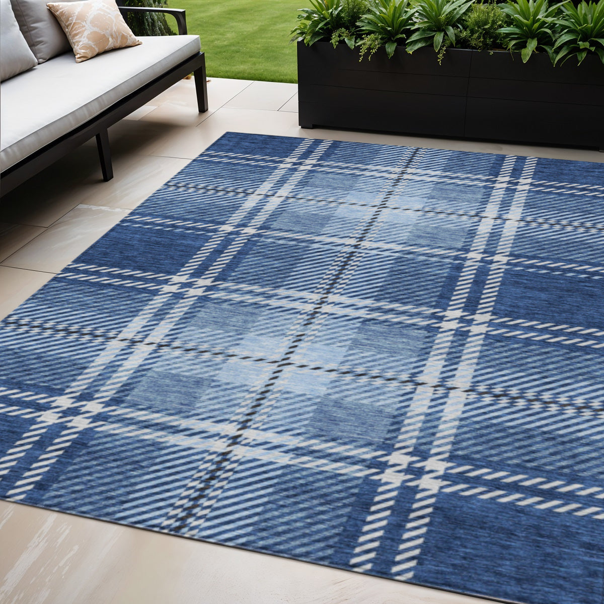 5' X 8' Navy Blue Black And Ivory Plaid Washable Indoor Outdoor Area Rug