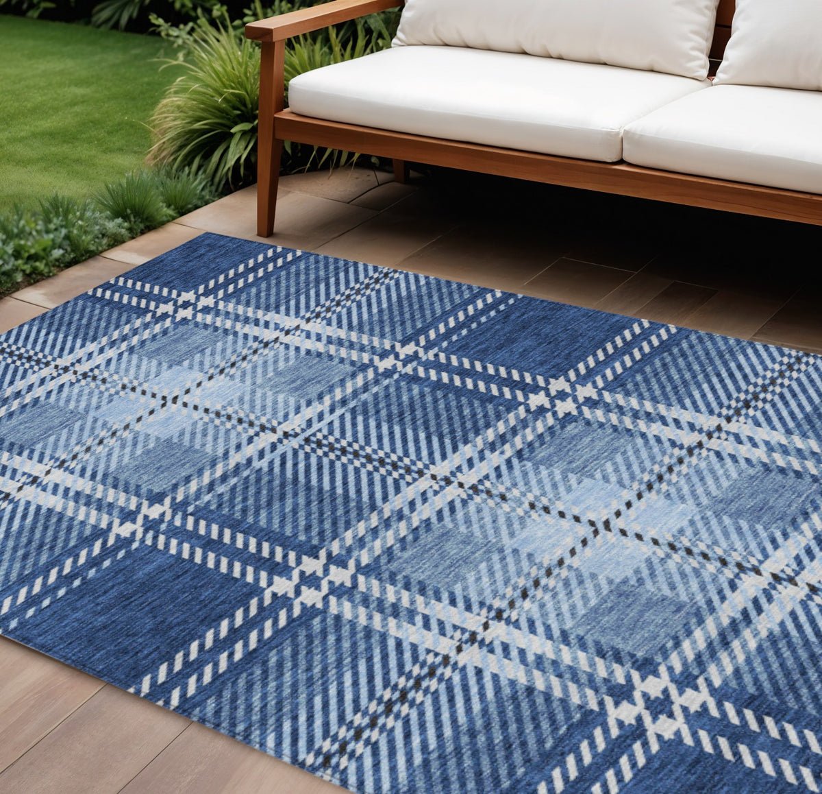 8' X 10' Navy Blue Black And Ivory Plaid Washable Indoor Outdoor Area Rug