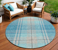 8' Teal Blue Gray And Brown Round Plaid Washable Indoor Outdoor Area Rug