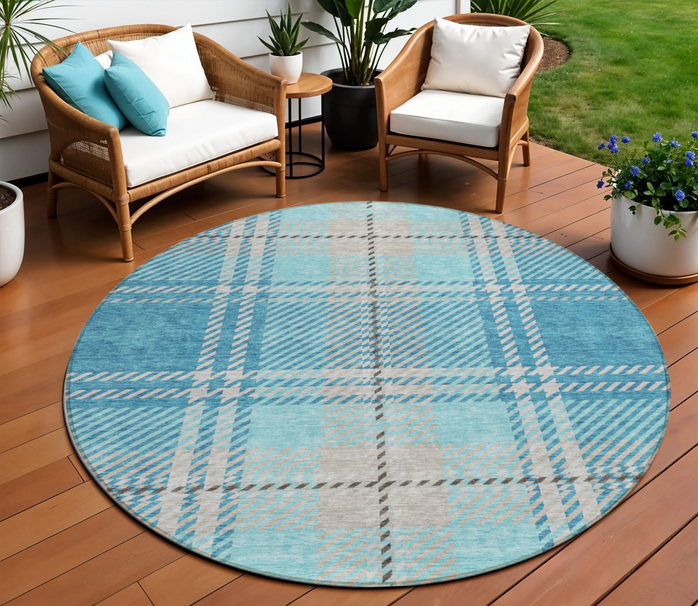 8' Teal Blue Gray And Brown Round Plaid Washable Indoor Outdoor Area Rug