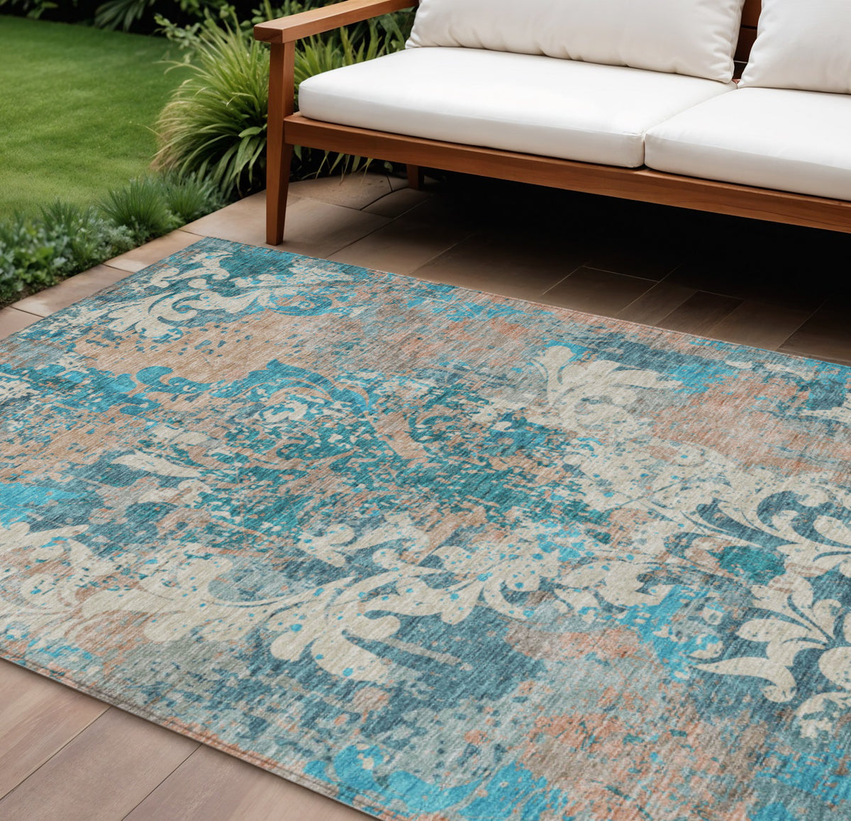 9' X 12' Teal Blue Ivory And Light Brown Damask Washable Indoor Outdoor Area Rug