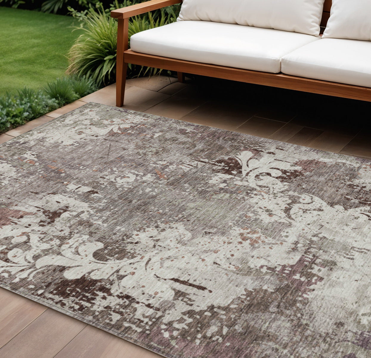 10' X 14' Taupe Ivory And Brown Damask Washable Indoor Outdoor Area Rug