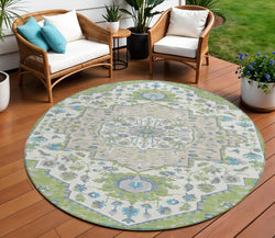 8' Artichoke Green Blue And Ivory Round Oriental Washable Indoor Outdoor Area Rug