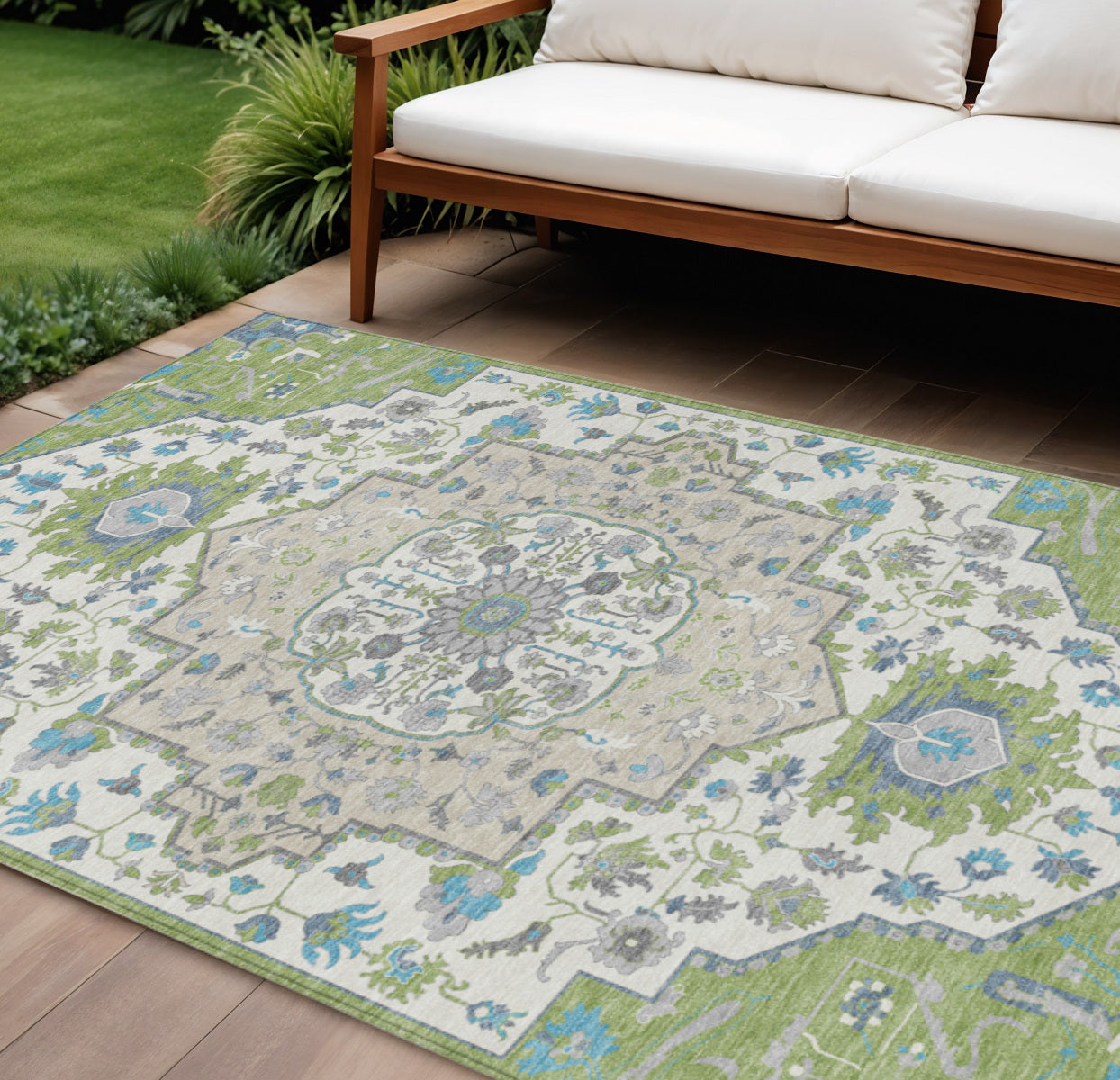 8' X 10' Artichoke Green Blue And Ivory Oriental Washable Indoor Outdoor Area Rug