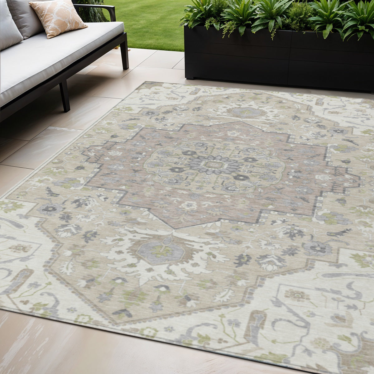 5' X 8' Ivory Beige And Gray Oriental Washable Indoor Outdoor Area Rug