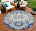 8' Navy Blue Ivory And Gray Round Oriental Washable Indoor Outdoor Area Rug