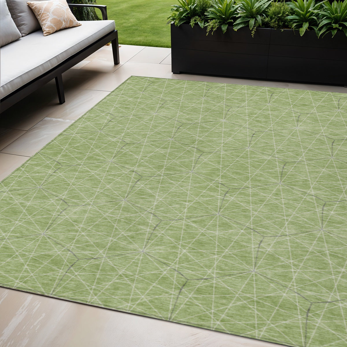 5' X 8' Green Black And Ivory Geometric Washable Indoor Outdoor Area Rug