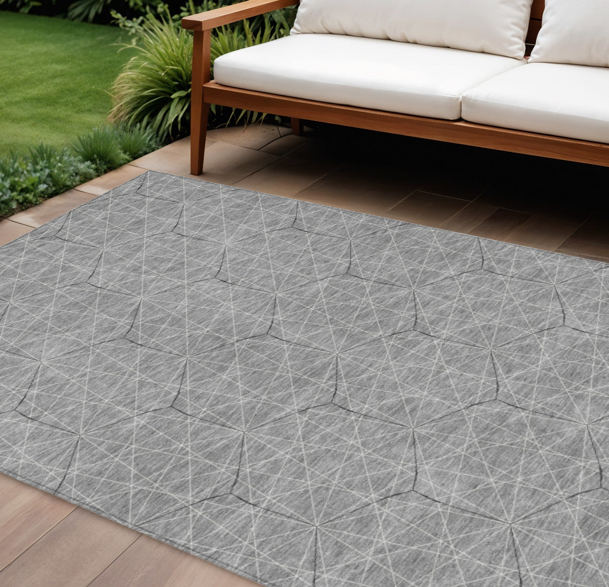 10' X 14' Gray Black And Ivory Geometric Washable Indoor Outdoor Area Rug
