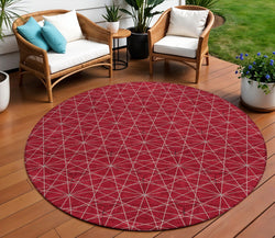 8' Red Black And Ivory Round Geometric Washable Indoor Outdoor Area Rug