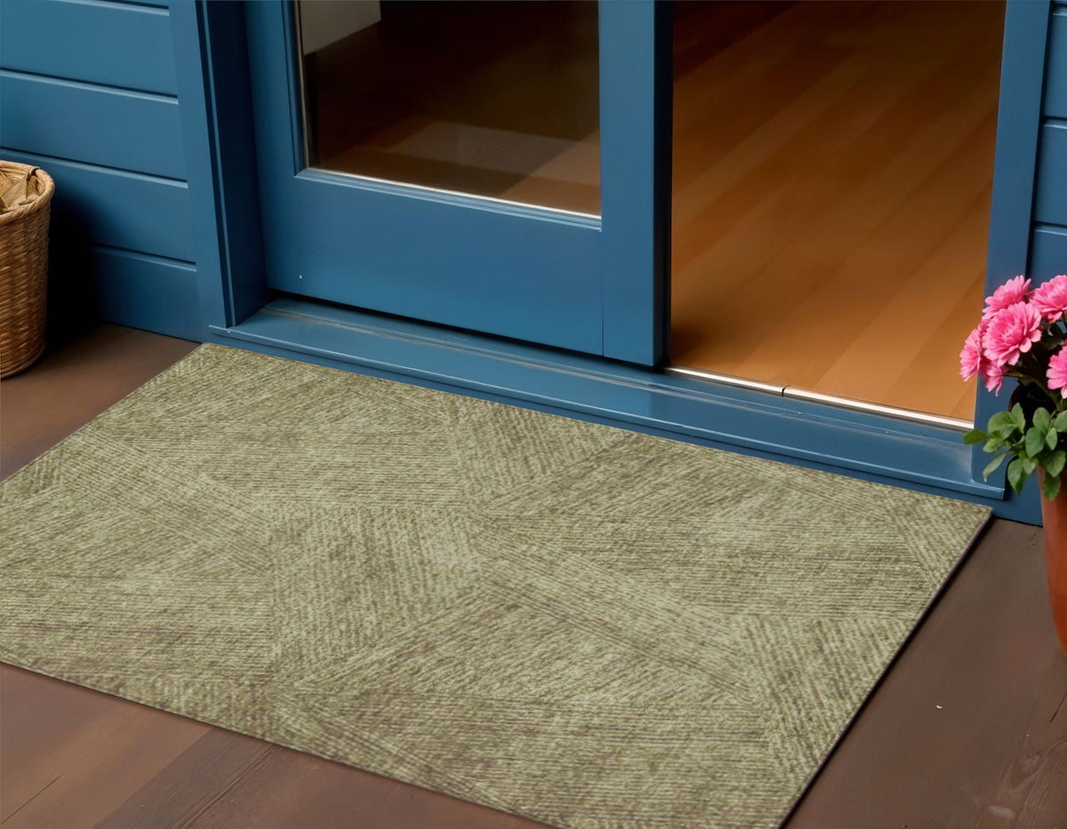 3' X 5' Green Beige And Brown Abstract Washable Indoor Outdoor Area Rug