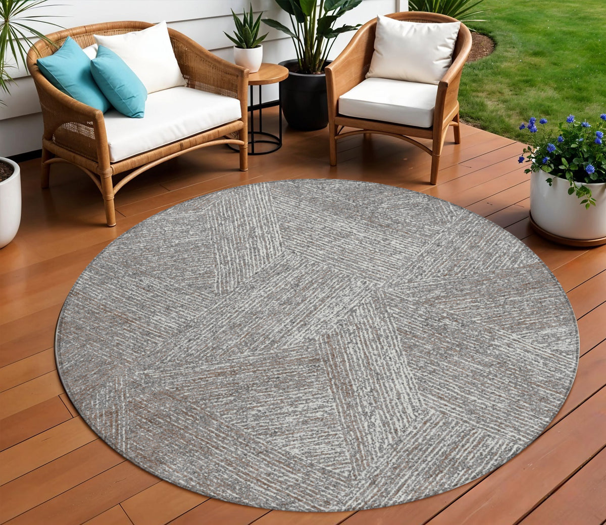 8' Gray Brown And Ivory Round Abstract Washable Indoor Outdoor Area Rug