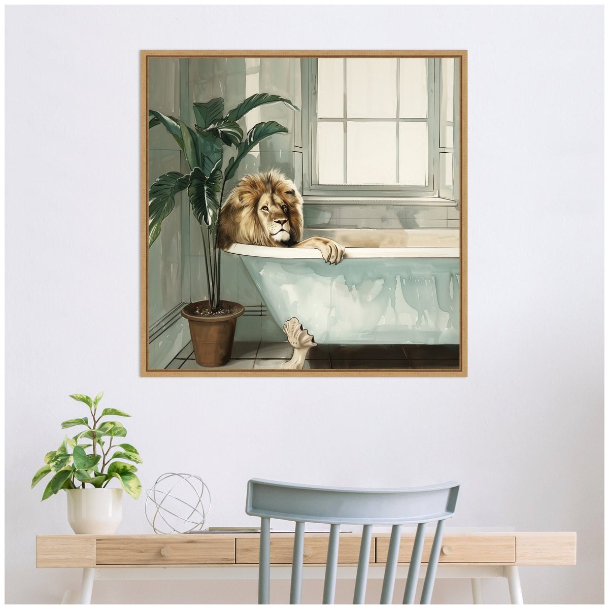 Sylvie Lion Relaxing in Tub Zen Bathroom Framed Canvas by The Creative Bunch Studio
