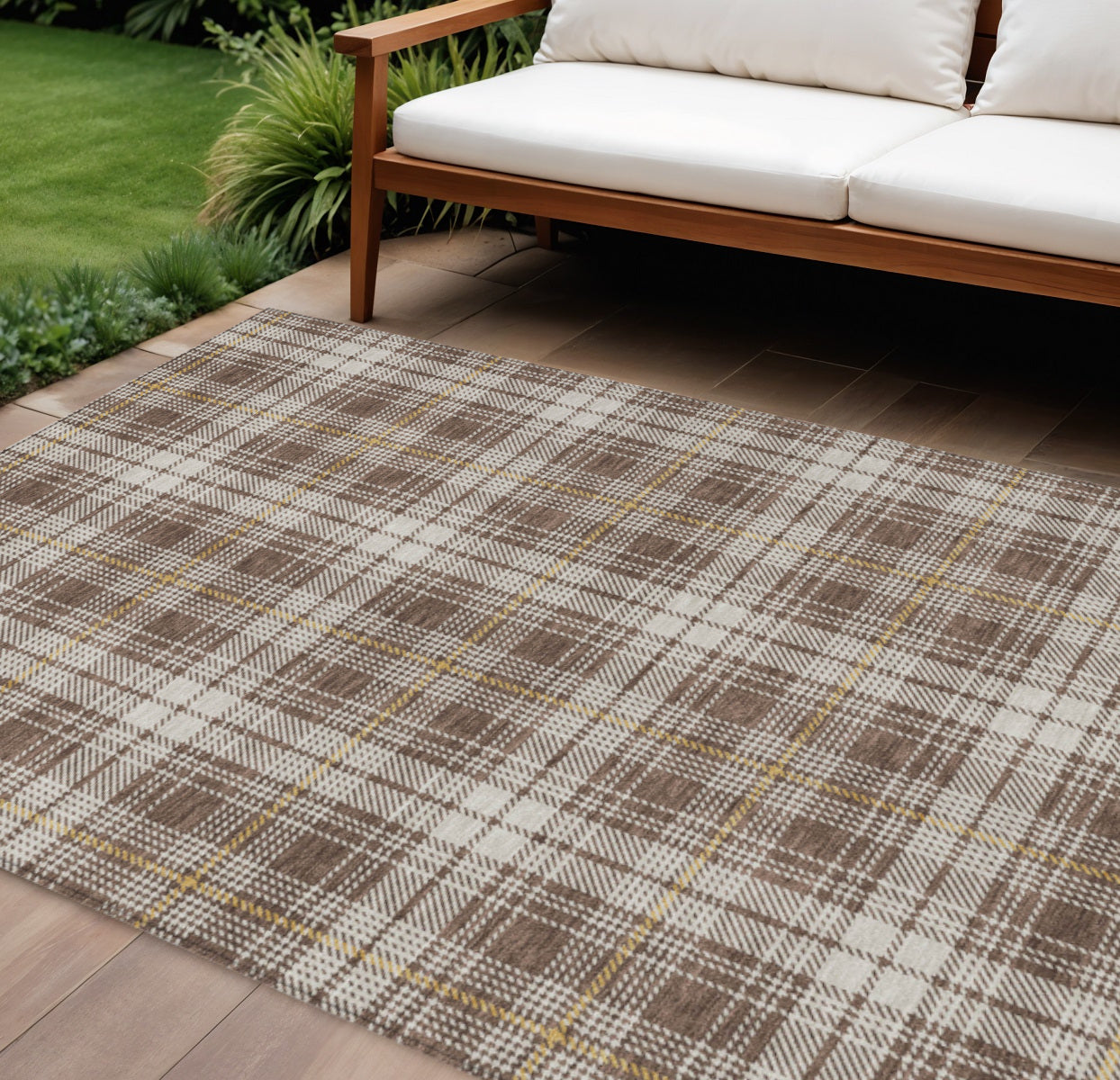 10' X 14' Brown Beige And Gold Plaid Washable Indoor Outdoor Area Rug