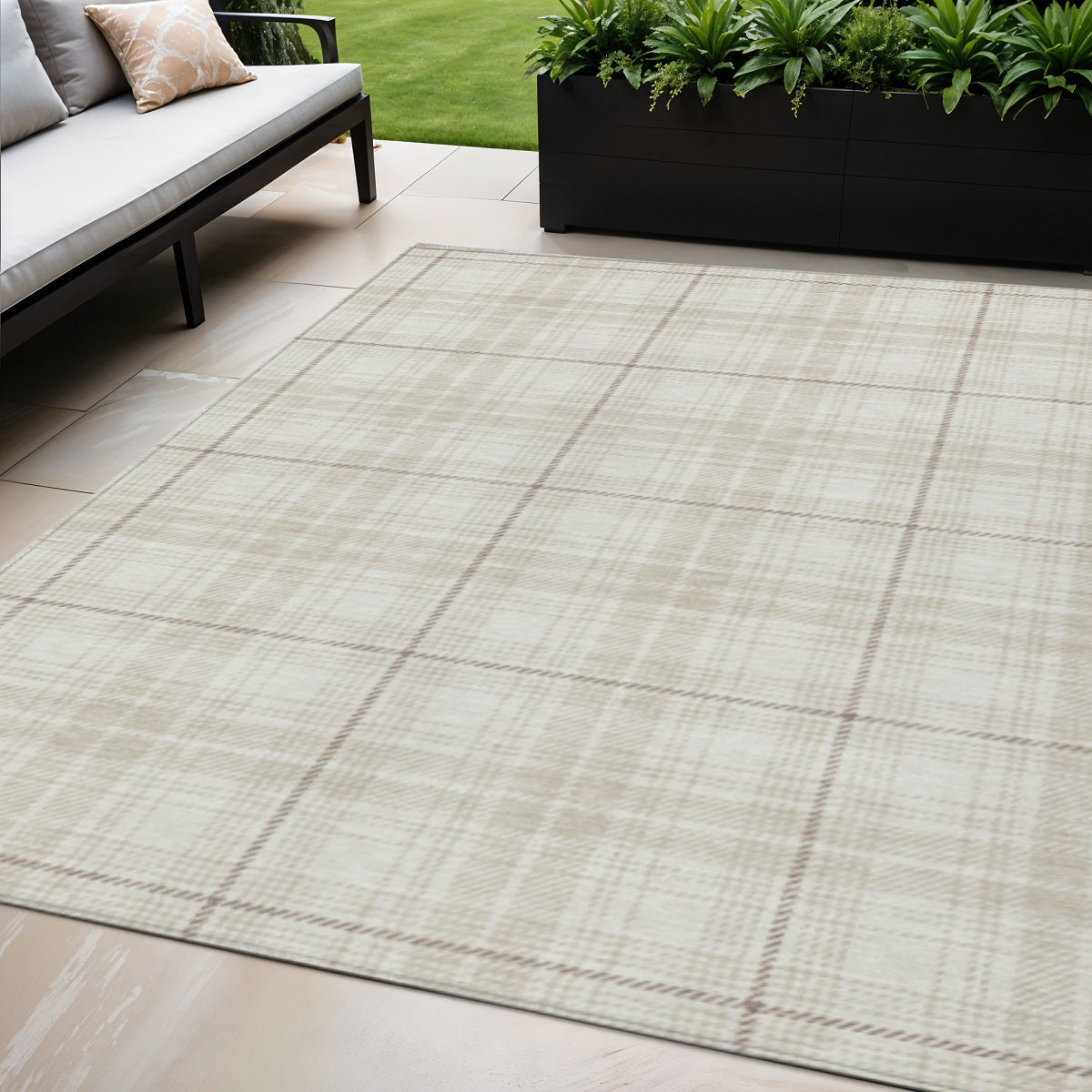 5' X 8' Ivory Beige And Brown Plaid Washable Indoor Outdoor Area Rug