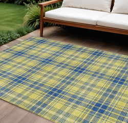 10' X 14' Yellow Blue And Ivory Plaid Washable Indoor Outdoor Area Rug