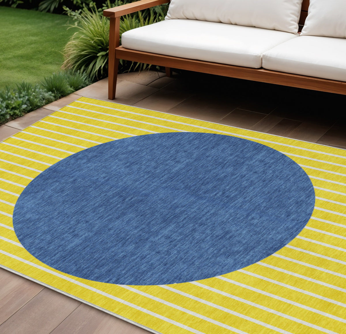8' X 10' Yellow And Blue Striped Washable Indoor Outdoor Area Rug