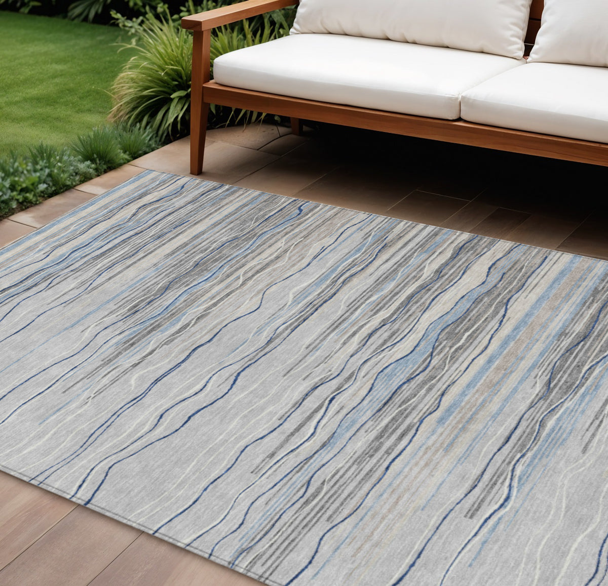 3' X 5' Gray Silver And Blue Striped Washable Indoor Outdoor Area Rug