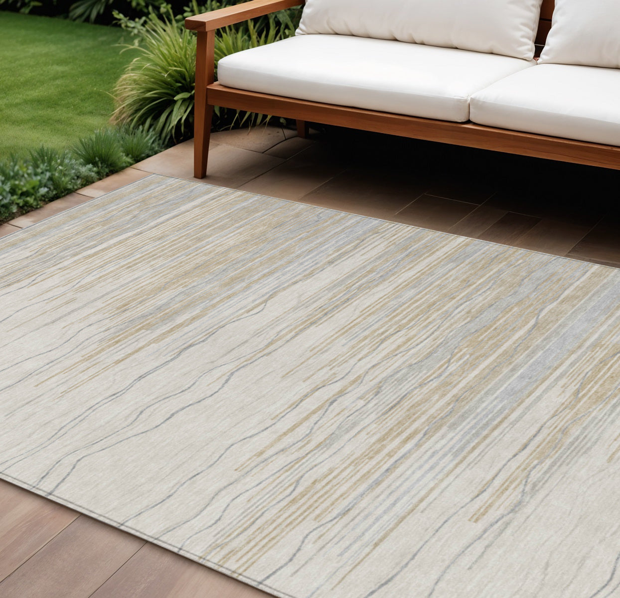 10' X 14' Linen Gray And Beige Striped Washable Indoor Outdoor Area Rug