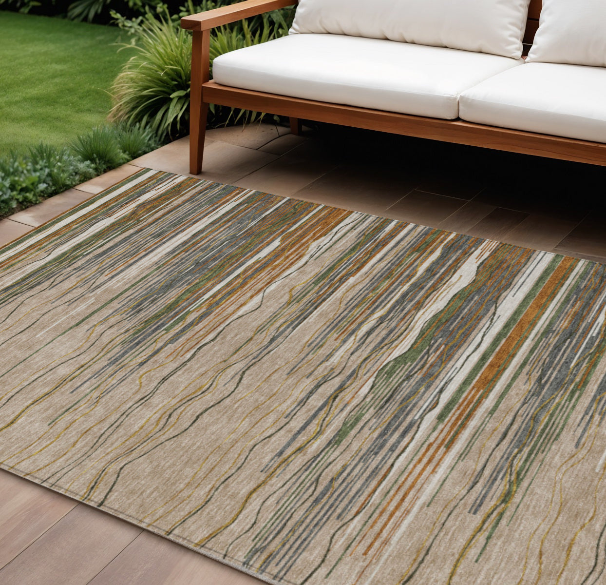 10' X 14' Taupe Copper And Green Striped Washable Indoor Outdoor Area Rug