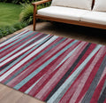 9' X 12' Burgundy Ivory And Blue Striped Washable Indoor Outdoor Area Rug