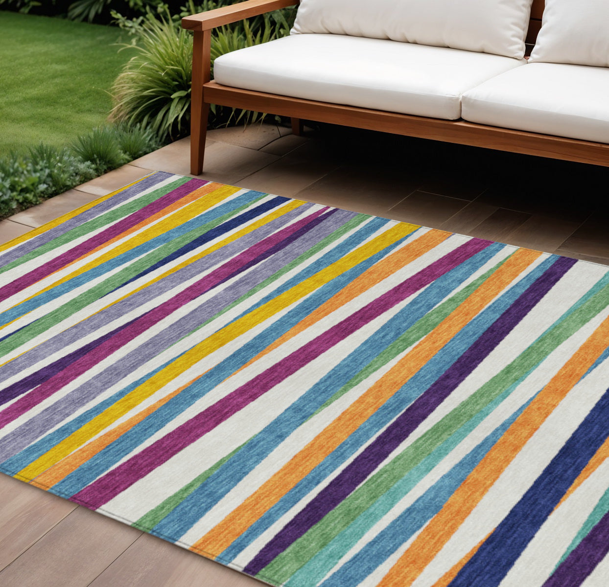 9' X 12' Blue Striped Washable Indoor Outdoor Area Rug