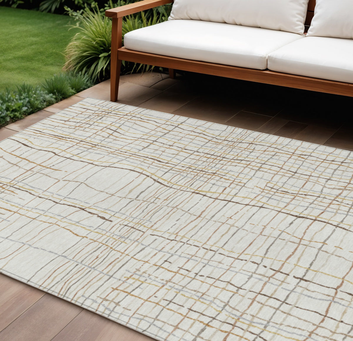 9' X 12' Ivory Brown And Gold Striped Washable Indoor Outdoor Area Rug
