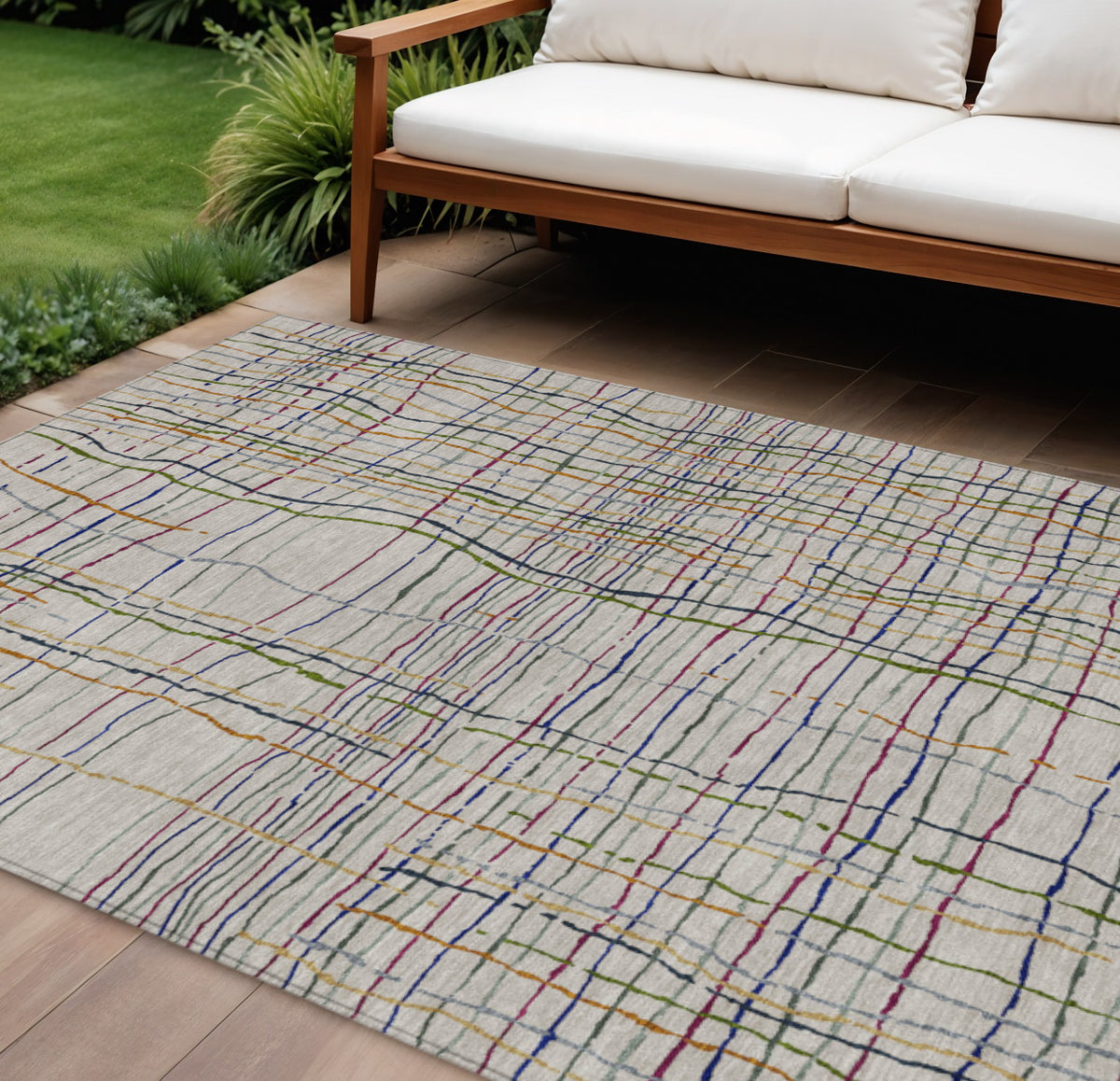 10' X 14' Ivory Pink And Copper Striped Washable Indoor Outdoor Area Rug